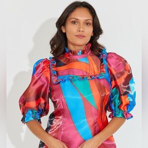 Alden Adair “Demi” Top in Prism Iridescent Puff-Sleeve Ruffle Blouse NWT Size M